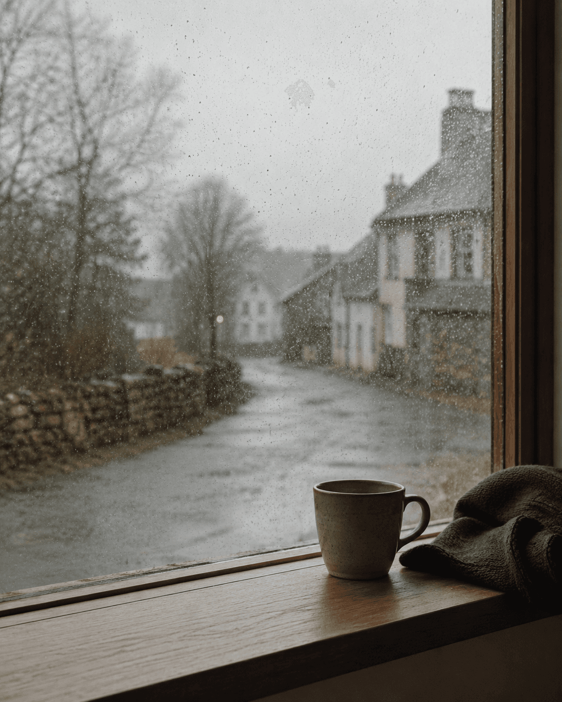 Ein ruhiger Innenmoment mit Fenster, Regen und Tasse als Zeichen für Wahrnehmung im Alltag.